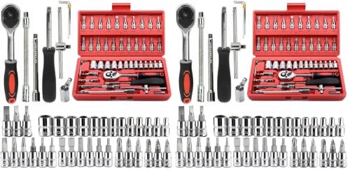 Image of 46 Pieces 1 /4 in. Drive Ratchet Socket Wrench Set with Quick-Release Ratchet,Includes Metric Bit Sockets and Extension Bar for Car Repair and Home Maintenance (Pack of 2)