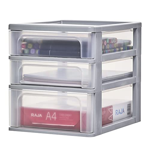 Iris Ohyama, Tour de Rangement Plastique, 2 Petits Tiroirs & 1 Tiroir Moyen, Gris, Ouverture Facile, Format A4, Meuble, Organisateur, pour Bureau, Fourniture Scolaire,...