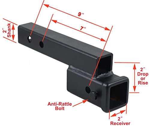 Toptow Trailer Receiver Hitch Extender Adapter 2" Drop/Riser, 7" And 9" Extension Length, 2" Shank, 7500Lbs Towing Capacity, Matte Black #TOP1