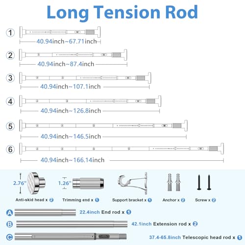 Image of Long Tension Rod 41-166inch Silver Tension Curtain Rods no Drilling | 1.26 inch Diameter Outdoor Curtain Rod for Patio,Windows,Anywhere Heavy Duty Spring Rods Adjustable