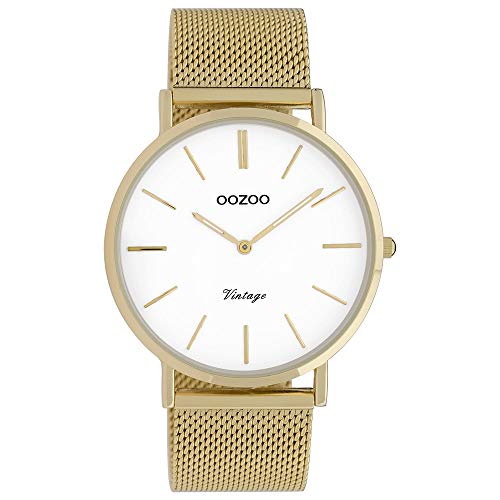 Oozoo Vintage Damenuhr mit massivem grobmaschigem Edelstahl Milanaise Metallband 40 MM Goldfarben/Weiss C9909