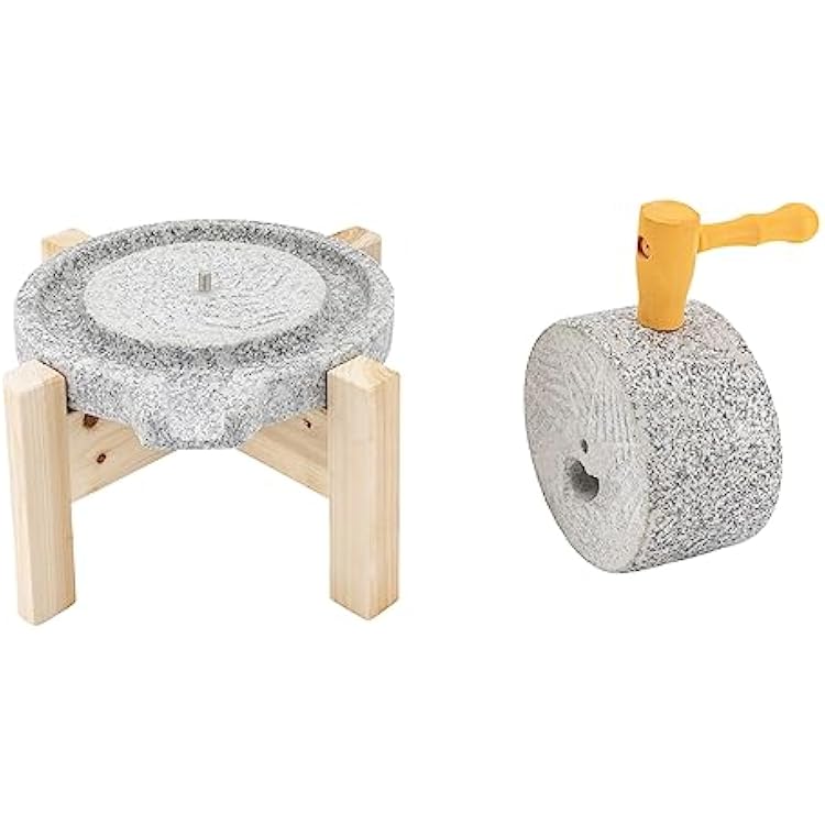 Stone Grainer Mill with Wooden Frame, Natural Granite Handmade Stone Mill Dry/Wet Hand Grain Mill Grinder for Spice Barley Soybean Classic Rice Pastewheat