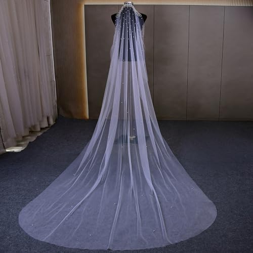 TaikaoQi Véus De Pérolas Para Noivas, Comprimento Do Chão Da Catedral, Véu De 1 Camada, Branco, Comp