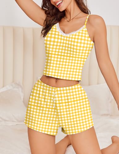 Image of Ekouaer Cami Pajama Sets Y2K 2 Piece Lace Crop Top and Shorts Sexy Pjs Summer Lingerie Sleepwear Nightwear for Women
