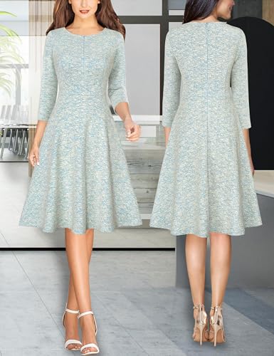 Image of VFSHOW Womens Work Business Front Zipper A-Line Dresses 3 /4 Sleeve Office Church Fit and Flare Skater Swing Knee Length Dress