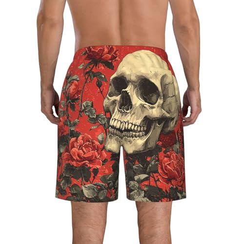 Men's Swim Trunks Quick Dry Beach Board Shorts Bathing Suits - Gothic Skull Rose Red Retro Art3