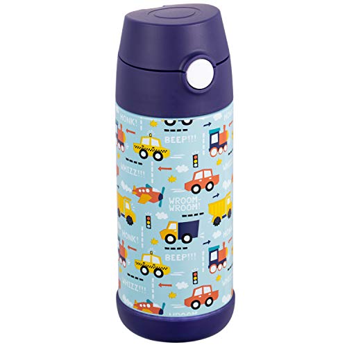 Snug Kids Water Bottle - insulated stainless steel thermos with straw (Girls/Boys) - Vroom, 12oz