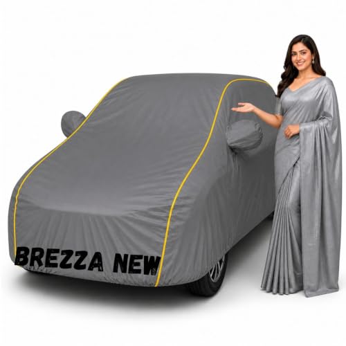Image of Waterproof Car Body Cover for Brezza New All Weather Protection Comes with Inner Cotton Lining & Triple Stitched with Mirror & Antenna Pocket Belt & Elastic Fit Grey with Yellow Piping
