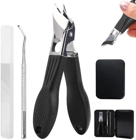 Eagle Beak Nail Clippers for Ingrown & Thick Nails – Beveled/Slanted/Angled Blades, Long Handle Wide Jaw, Anti-Splash Ultra Sharp Stainless Steel Edge 3-Piece Set for Men/Women (Black)