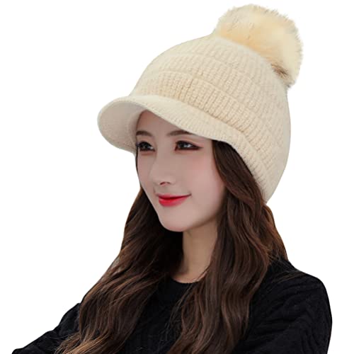Fleece Lined Beanie Hats with Visor Brim Winter Knit Ski Cap Women Pom Pom Ball (Beige)