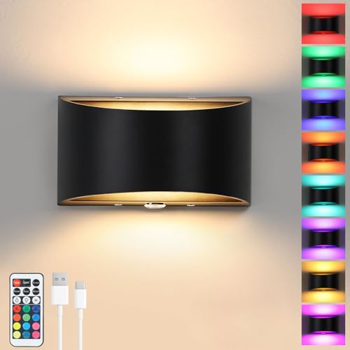Glowlit Wandleuchte Akku Innen 5000 mAh RGB Wandlampe Akku Touch Control Kabellos Magnetisch Wandleuchte Ohne Stromanschluss mit Fernbedienung für Schlafzimmer Wohnzimmer Schwarz