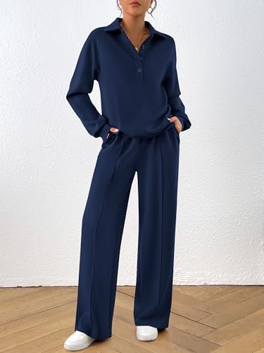 PRETTYGARDEN Women Fall 2 Piece Outfits Sweatsuits Quarter Button Long Sleeve Sweatshirt Wide Leg Pants Tracksuit Lounge Sets2