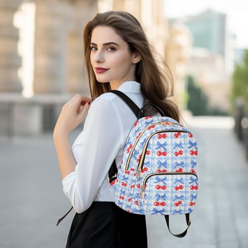 Image of ALAZA Cherry Blue Bow Plaid Women Backpack Purse Ladies Fashion Shoulder Bag Daypack Travel Bag 7.5L
