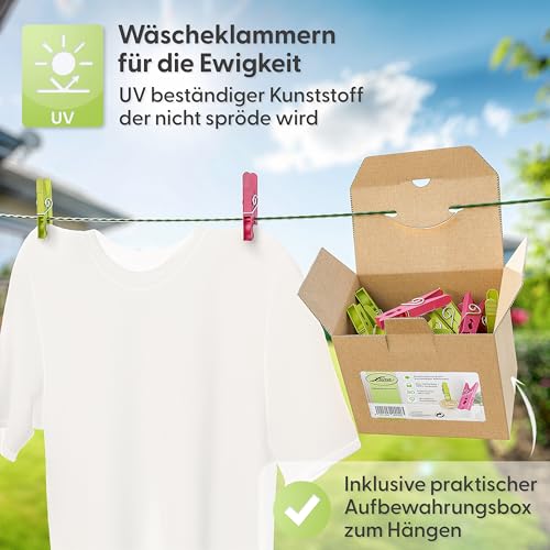 Luna® Wäscheklammern Plastik 50 Stück - Made in Austria - Wäscheklammer aus recycelten UV beständigen Kunststoff - Klammern ohne Abdruck - Clothespins - 100% Farbecht - Nachhaltig - Grün & Pink