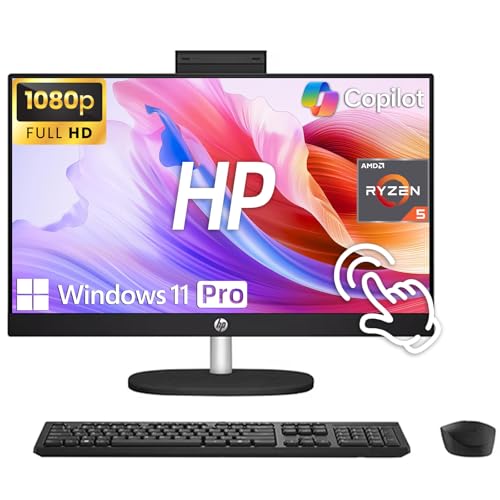 Image of HP 24 inch All-in-One Desktop PC, FHD IPS Touch Screen, AMD Ryzen 5 7520U Processor, 16GB Memory, 1TB SSD, Microsoft Copilot, 99% sRGB, Wireless Keyboard & Mouse, Anti-glare, Wi-Fi6, USB Type-C, Jet black