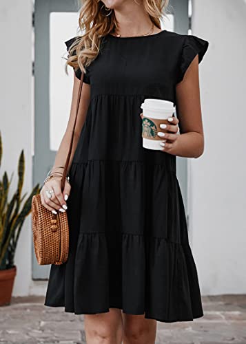 Image of KIRUNDO Summer Dresses for Women Sundress Sleeveless Ruffle Sleeve Round Neck Loose Short Flowy Pleated Mini Babydoll Dress