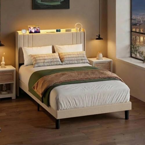 Cama Individual 120x200 cm con Iluminación on LED y puertos USB Type-C, Cabecero Tapizado, Bastidor de Hierro Resistente, Ahorra Espacio, Ideal para Dormitorios y Habitaciones de Invitados, Beige