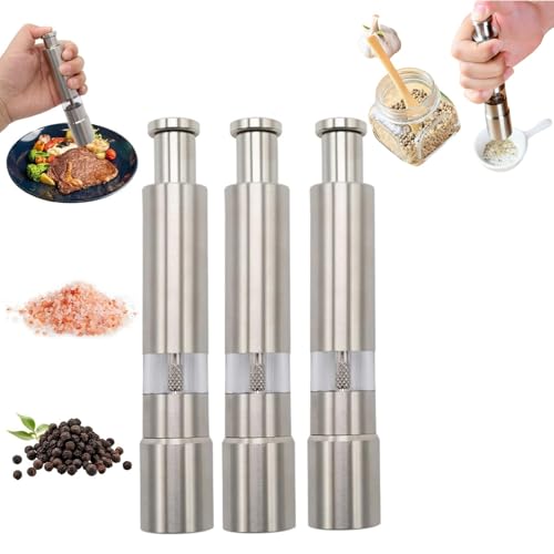 Set di macinapepe e sale da 3 pezzi, macinapepe manuale in acciaio inox per pressare, macinaspezie per pepe nero, sale marino e sale dell'Himalaya, spezie e sale, facile da usare