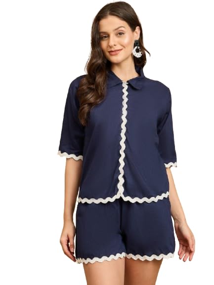 drape and dazzle Women's Black Co-ord Set with White Piping | Casual Summer Top and Shorts Set-picture-32