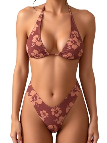 MakeMeChic Women's Polka Dots Triangle Thong Bikini Sets Floral Cute Bathing Suit Swimsuits Floral Print Brown Small