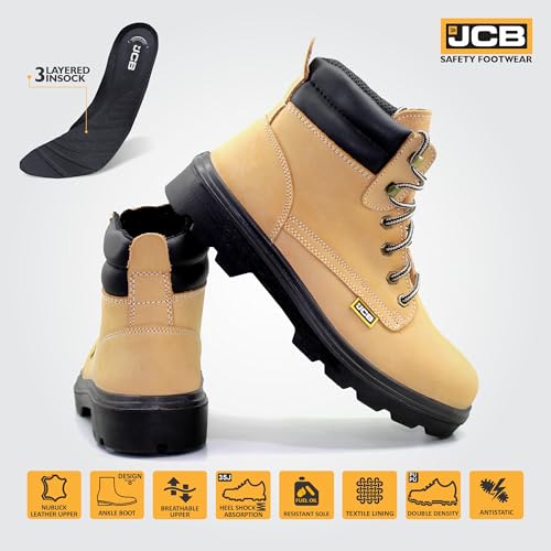 Image of JCB Trekker Safety Shoes for Man | Nubuck Leather High Ankle Boot | Steel Toe Cap | SRC Antislip & Oil Resistant | Double Density, Antistatic & Abrasion Resistance | Beige | Size 6-10 UK