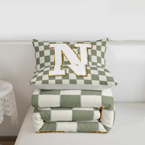 Image of Erosebridal Sage Green Checkered Comforter Set Queen Plaid Initial N Bedding Set Personalized Monogram Comforter for Kids Adults,Fashion Grids Gingham Quilt Duvet