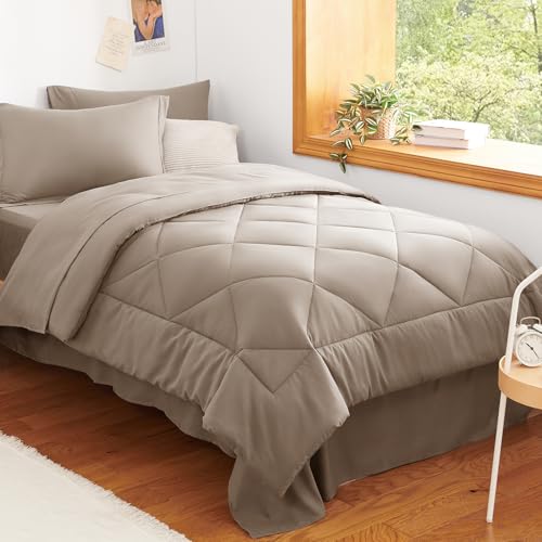 Image of CozyLux Twin XL Comforter Set Khaki - 5 Pieces Twin Extra Long Bed in a Bag for College Dorm, All Season Bedding Set for Girls and Boys, Soft Bed Set with Comforter, Sheets, Pillowcase & Sham