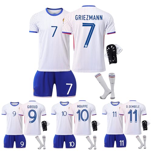 サッカーユニフォーム メンズ 大人 子供兼用2024ユーロフランス代表アウェイサッカージャージセット 背番号10 ムバッペ 7 グリーズマン 9ジルー 11ンベレ サッカーセット 上下セット 靴下付き レガーズ付き非公式 (7番, 24#)