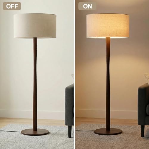 Image of 62 inch Tall Rustic Walnut Wood Floor Lamp with Large Linen Shade, Beige