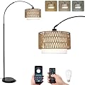 eyassi Arc Floor Lamp with Remote, Modern LED Floor Lamp with Dimmable Bulb, Boho Farmhouse Standing lamp with Fabric & Rattan Lampshades, Height Adjustable Black Tall Lamp for Living Room Bedroom