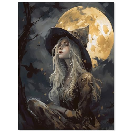 Poster esthétique sorcière occulte et sombre - Art mural d'Halloween victorien gothique - Décoration murale - Motif fille sorcière avec la lune - 30,5 x 40,6 cm - Sans cadre