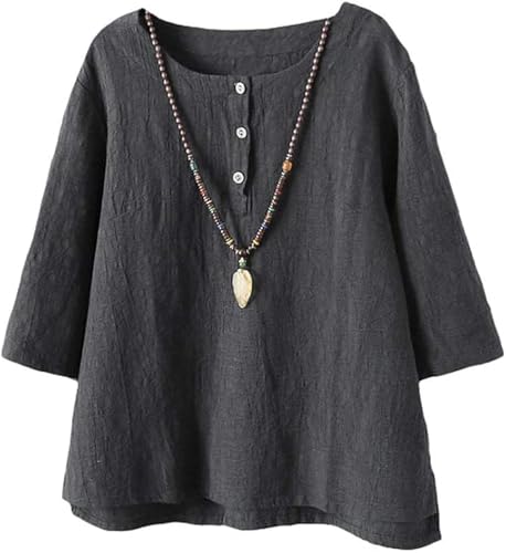 Minibee Women's 3/4 Sleeve Cotton Linen Jacquard Blouses Top T-Shirt