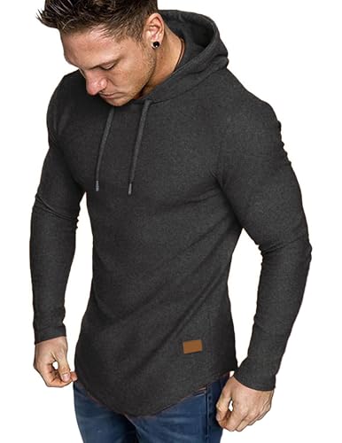 JMIERR Herren Muskel Hoodies Langarm Slim Fitted Longline Sweatshirt Athletische Fleece Fallen Pullover Shirts Grau XL
