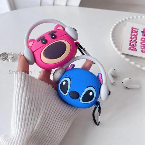 Image of Jivitam Earphone Case Cover Compatible for Realme Buds T300, Soft Silicone Skin Case Cover Shock-Absorbing Protective Case with Keychain (Front LED Visible) (Red Bear With Grey Band)