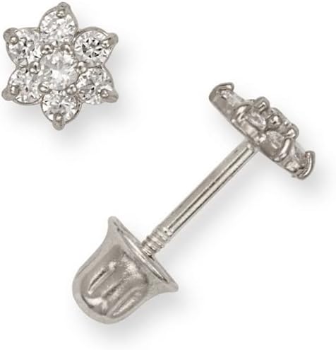 Jewelryweb - Solid 14K Small 5mm Cubic Zirconia Flower Screw Back Stud Earrings - Flower Earrings for Women Girls - Cartilage Earrings - Real 14k Gold
