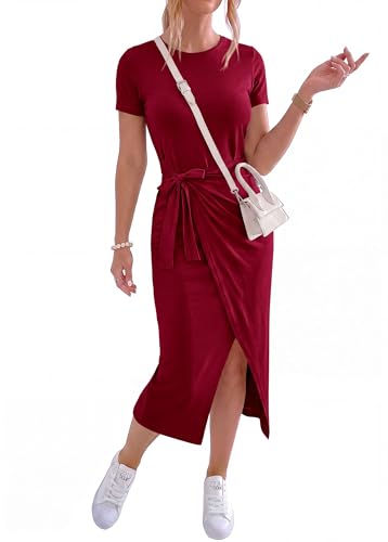 Image of NOLLSOM Women Casual Sleeveless Striped Tank Midi Dresses Halter Neck Ruched Bodycon Dresses Tie Waist T Shirt Summer Dress