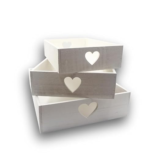 Virsus Set 3 Cassette in Legno Impilabili 6520, Maniglie a Cuore, misure 30x20x7cm, 35x25x8cm, 40x30x9cm, Cestini Portaoggetti Decorativi, Scatola organizer per camera, cucina, bagno (Bianco)