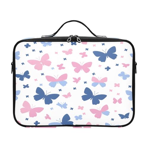 zyrtty Travel Makeup Train Case Blue Pink White Butterflies Cosmetic Organizer Portable Storage Bag with Adjustable Dividers for Cosmetics Brushes Toiletry Jewelry Digital Accessories