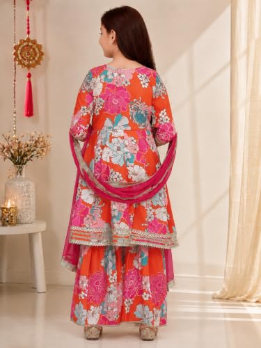Image of Preneum Girls's Ethnic Cotton Bandhani & Lehariya Printed 3 /4 Sleeves Gotta Patti Angrakha Kurta with Sharara Set