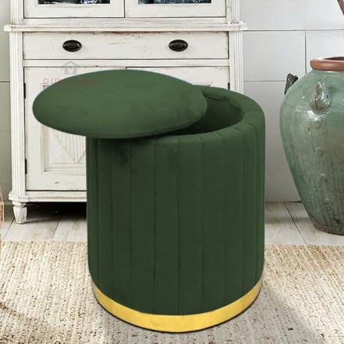 Image of Round Velvet Luxurious Storage Ottoman, Pouf with Storage Vanity Stool Chair,Upholstered Foot Rest Stool with Gold Strip Base for Living Room or Bedroom (Green., Large-40Dx40Wx46H)