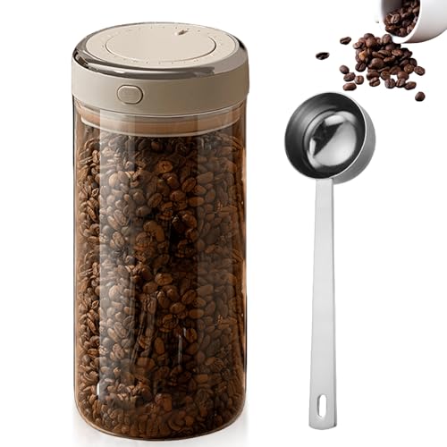 PRITOK Airtight Coffee Canister with One-Way CO2 Valve: 1700ML Borosilicate Glass Coffee Bean Storage Container, Vacuum Seal Freshness Lock for Coffe Beans, Tea, Sugar, Nuts (Warm Grey-White)