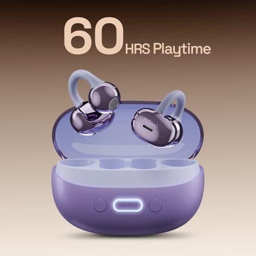 Image of ACwO DwOTS Flow 2 Open-Ear OWS Earbuds with Smart Case Control, Clip On Design with Ear Hooks, AI-ENC Mic, Up to 60 Hours Playtime, Dual Connectivity, IPX5 Sweat Resistance, Wireless Earbuds (Purple)