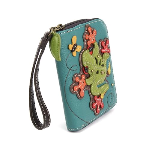 Image of CHALA Zip Around Wallet, Wristlet, 8 Credit Card Slots, Sturdy Pu Leather - Frog - Turquoise