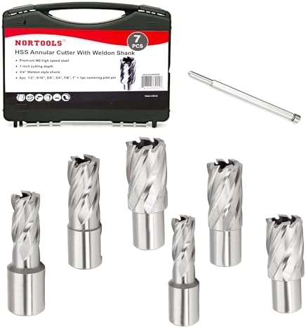 Annular Cutter Set, 7 Pcs 1-Inch HSS M2 Annular Cutters with Weldon Shank,Cutting Depth 1" Cutting Diameter 1/2" to 1", Mag Drill Bits Kit for Magnetic Drill Press, with 1 Pilot Pins