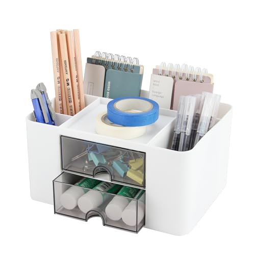 BYCY Office Desk Organizer with 2 Drawers,Cute Desk Accessories Organizer Office Supplies Plastic Pen Holder for Desktop Storage, Desk Organizer for School, Home, Office (White)