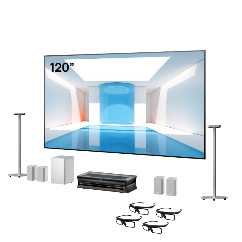 Image of AWOL Vision LTV-3000 Pro Living Room Bundle, 4K UHD Dolby Vision & 3D, 120 inch ALR Screen (D120), 4.1.2 Soundbar with Floor Speaker Stand, 4 Pairs of 3D glasses