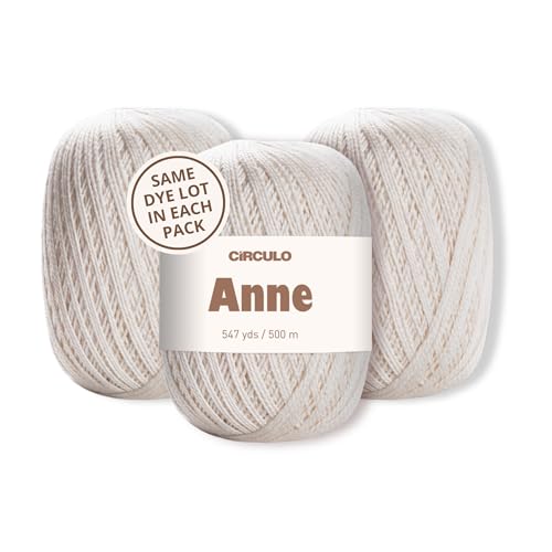 Image of CIRCULO Anne Yarn Pack, 1641 yds for Knitting & Crochet, 3 Balls of 100% Mercerized Brazilian Virgin Cotton, Soft Fingering Weight, Color 8176 Off-White