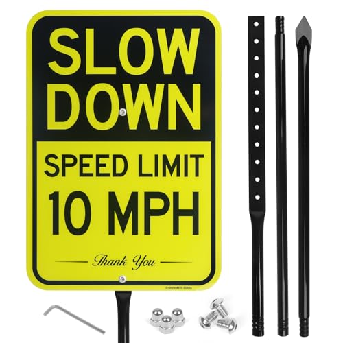 Large Slow Down Speed Limit 10 MPH Sign with 54 Metal Stake 17x 12 .040 Aluminum Sign - Reflective UV Protected and Weatherproof