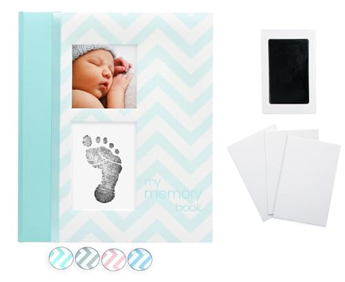 Image of Pearhead First 5 Years Chevron Baby Memory Book with Clean-Touch Baby Safe Ink Pad to Make Baby's Handprint or Footprint Included, Newborn Milestone and Pregnancy Journal, Teal