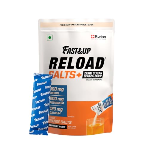 Image of Fast&Up Reload Salts | High Sodium Electrolyte Drink Mix | 900mg Sodium | Zero Sugar, Zero Calories| 5 Electrolytes - Potassium, Magnesium, Calcium & Chloride | Instant Hydration | Vegan, No Preservatives | (15 Sachets, Orange)